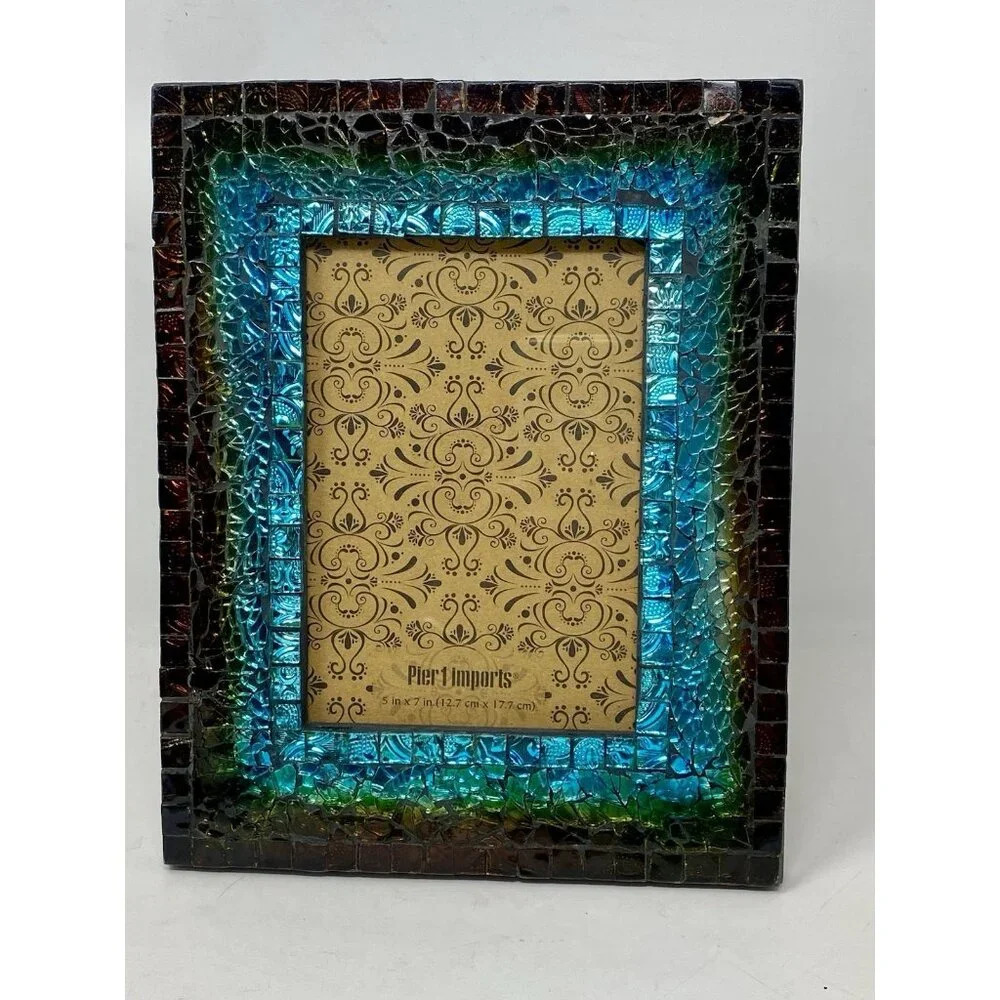 Pier 1 Imports Turquoise Mosaic Iridescent Glass Picture Frame For 5x7 Photo - Picture 1 of 16